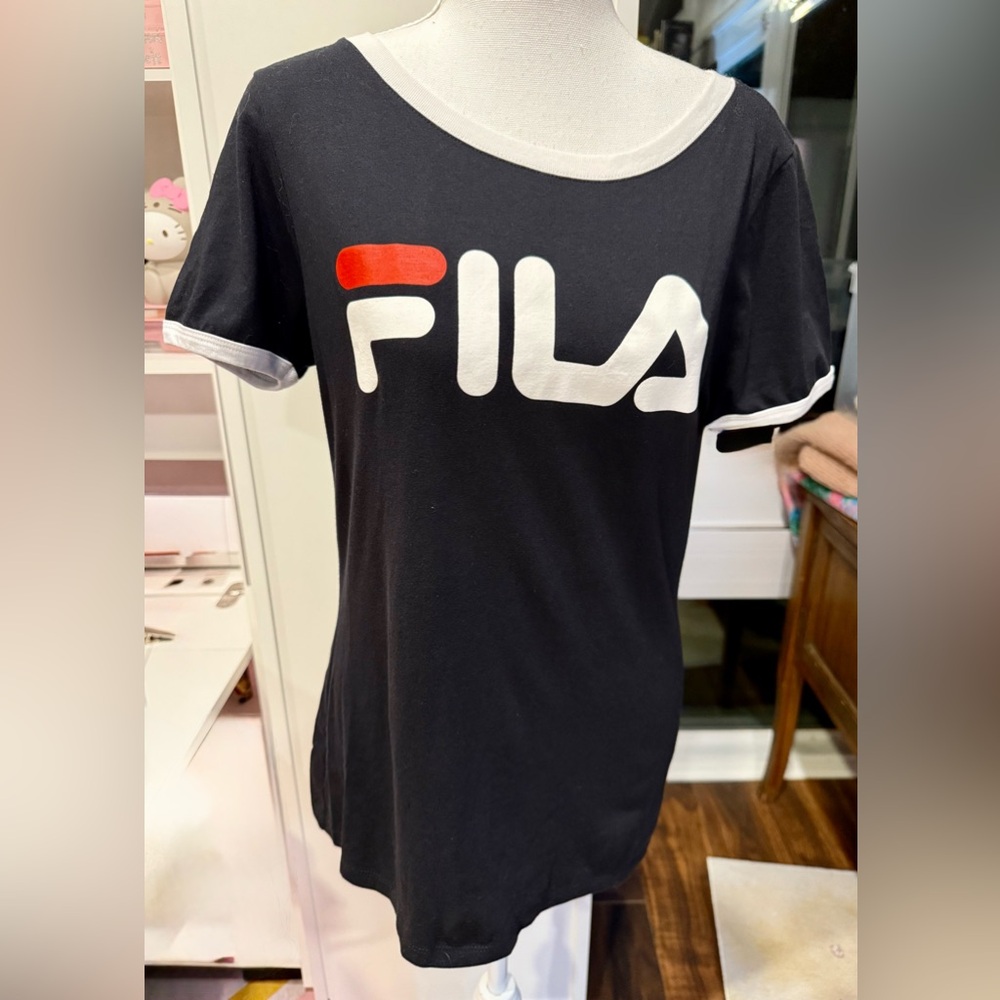 FILA “Tionne Cut & Sew” Tee Black White Logo Contrast Trim Size L EUC